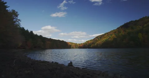 A timelapse of a lake and fall trees on mountains and clouds casting shadows Stock-Footage 144984341
