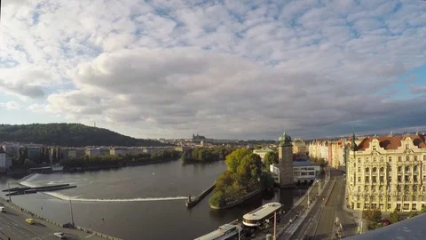 Timelapse of lake from top of dancing house Prague 4K Stock Footage 76749155