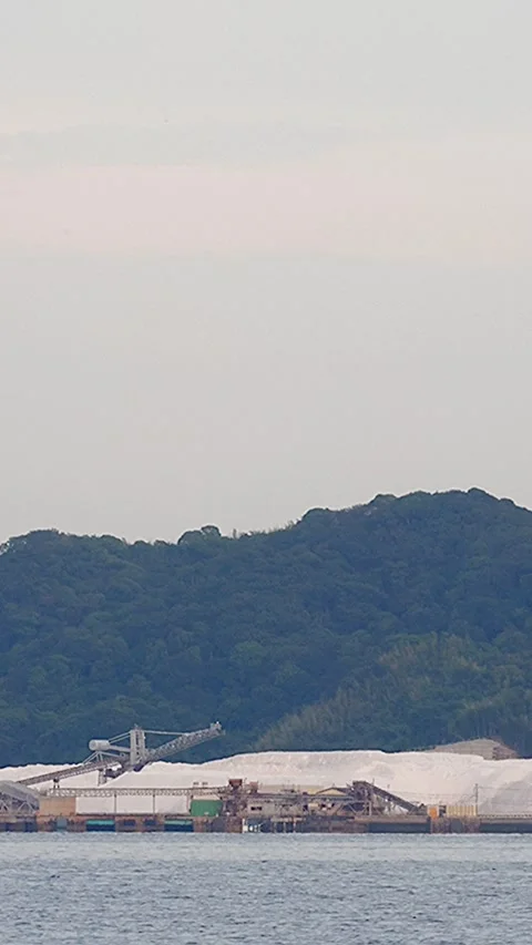 Timelapse landscape of Japan's largest salt hub with a passing cargo ship,Verti 库存影片 348229265