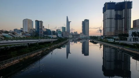 Timelapse landscape skyline sunset to night of Ho Chi Minh city or Sai Gon Stock Footage 94403735