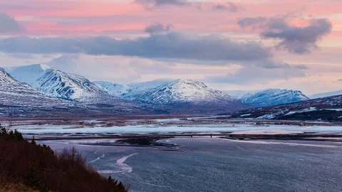 Timelapse landscape of snow mountain during sunset time at akureyri iceland. Stock Footage 88379209