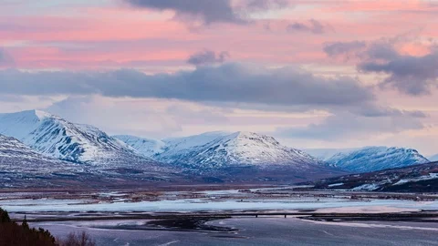 Timelapse landscape of snow mountain during sunset time at akureyri iceland. Stock Footage 88388863