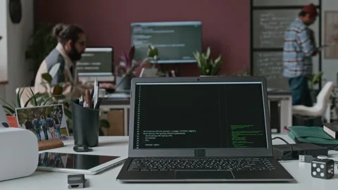 Timelapse of Laptop with Running Lines of Computer Code at IT Company Stock Footage 285708750