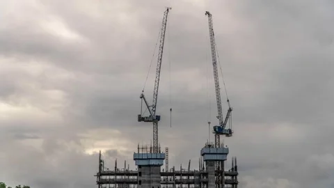 Timelapse Large construction sites are crowded with cranes Stock Footage 148151747