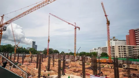 Timelapse Large construction sites are crowded with cranes Stock Footage 148152375