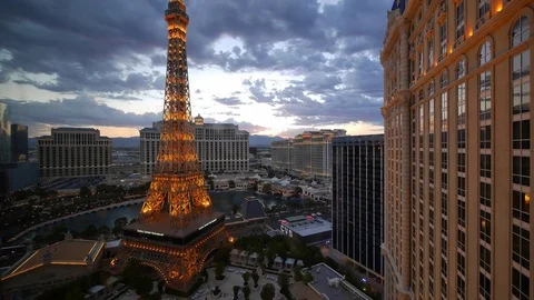 Timelapse of Las vegas eiffel tower and city skyline at sunset Stock Footage