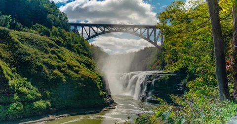 Timelapse Letchworth State Park with Upper Falls and Bridge Stock Footage 241043840