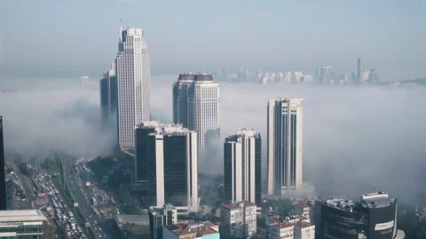 Timelapse of Levent financial district under fog, Istanbul, Turkey Stock Footage 120693452