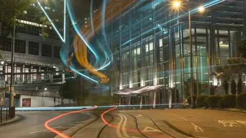 Timelapse of light trails in the downtown district of Hong Kong. Long exposure. Stock Footage 160644077