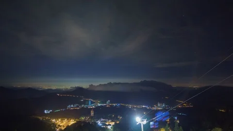Timelapse light trails of moving cable cars overlooking scenic mountain view  Stock-Footage 95994124
