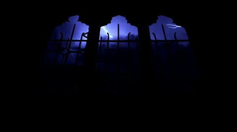 Timelapse lightning strikes through arched church windows 2 Stock Footage 947939