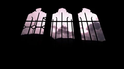 Timelapse lightning strikes through arched church windows 4 Stock Footage 947943
