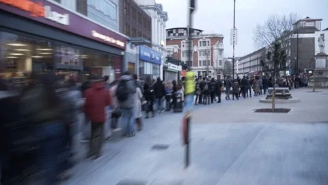 Timelapse of line of people waiting to go into the nightclub in London Stock Footage 124532260