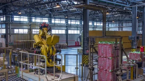 Timelapse Loader Transports Insulation Rockwool Blocks on Line Stock Footage 73552192