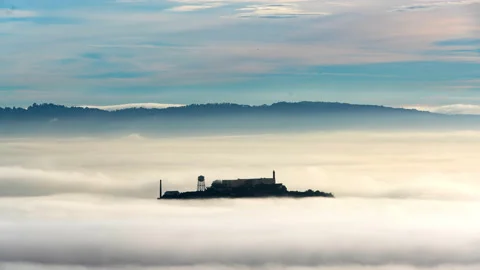 Timelapse Lockdown Of Thick Fog Engulfing Alcatraz Island And Bay - San Stock Footage 237127064