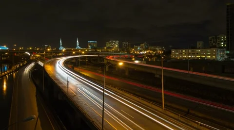 Timelapse of long exposure freeway traffic light trails in Portland OR at night Stock Footage 61279377