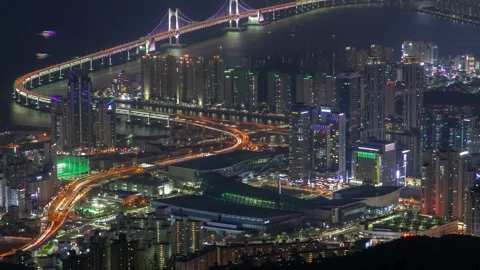 Timelapse long illuminated Busan bridge with driving cars Stock Footage 117206939
