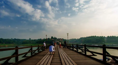 Timelapse of long wooden Mon Bridge in Songkhla Buri Stock Footage 37832616