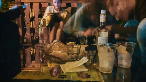 Timelapse lounge in outdoor restaurant. On the table, alcohol and food. 動画素材 69185070