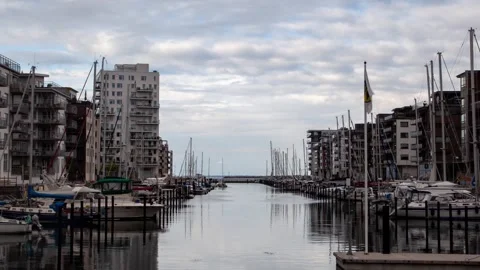 Timelapse of Malmo Sweden: Modern Structures and Pier Activity Stock-Footage 308199644