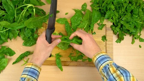 Timelapse of man cutting fresh spinach at the kitchen. Stock Footage 108427710