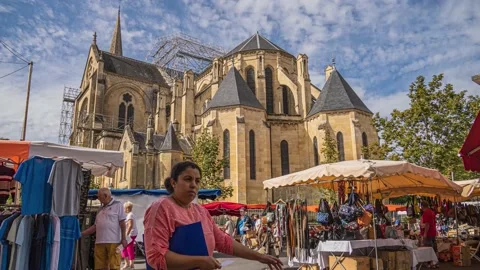 Timelapse of Market Day Below the Note Dame Church, Bergerac, 4K Stock Footage 208486851