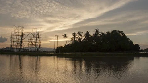 Timelapse marvelous sunset of half built architecture electric tower and Stock-Footage 106102195