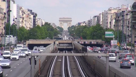 Timelapse metro train transport in Paris city center heavy traffic car road day Stock Footage 84734877