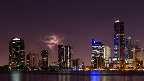 Timelapse of Miami Brickell downtown, skyscraper buildings and lightning storm Stock Footage 100840320