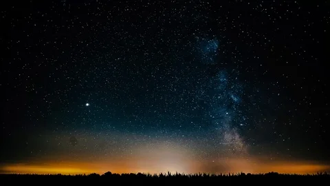 Timelapse of Milky way over a cornfield with light pollution in the far Stock Footage 92023014