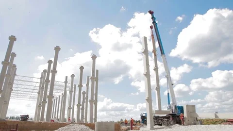 Timelapse Mobile crane is operating. Mobile crane is carry concrete Stock-Footage 83636371