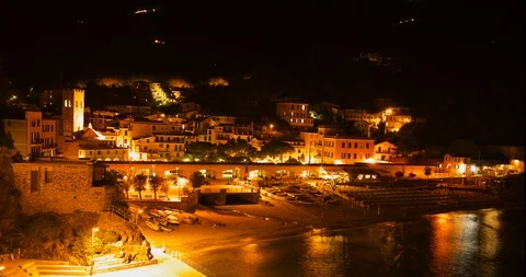 Timelapse of Monterosso Al Mare town in Cinque Terre at night Stock Footage 99105627