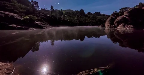 Timelapse of Moon Setting and Sunrise over Reservoir 4K Stock Footage 81538351