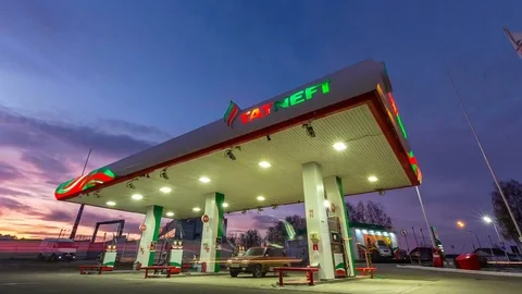 Timelapse Motion around Beautiful Shining Tatneft Gas Station Stock Footage 79477694