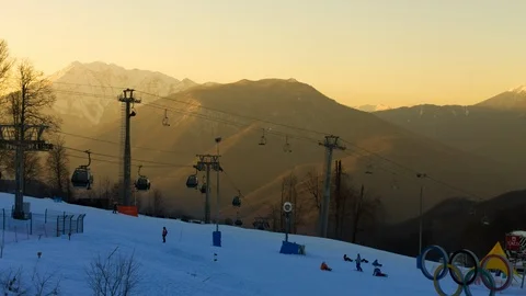 Timelapse motion cabin cableway in mountain sunset Rose Farm, Krasnaya Polyana,  Video stock 93190130