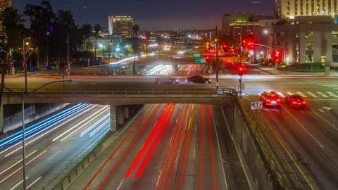 Timelapse in motion (hyperlapse) of very busy city freeway traffic at night Stock Footage 88933769