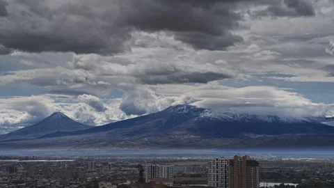 Timelapse of Mount Ararat with Dramatic Clouds Over Yerevan Skyline Stock Footage 317452110