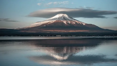 Timelapse of Mount Fuji with Reflections in the Lake and Moving Clouds Stock Footage 306183838