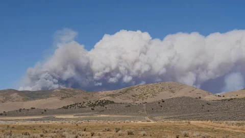 Timelapse-Mountainous clouds of billowing smoke rise behind foothill Stock Footage 95256446