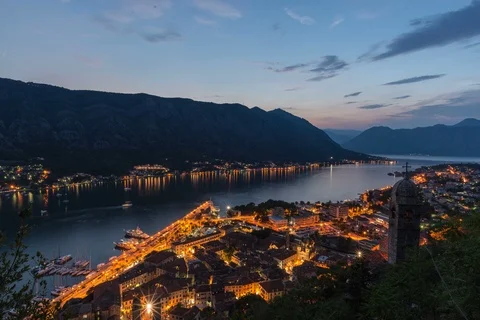 Timelapse from mountaintop with bay of Kotor in view at night Stock Footage 99015534