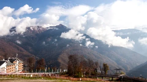 Timelapse. The movement of clouds in the mountains. Summer day. Mountain resort. Stock Footage 166056503