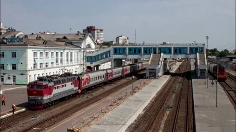Timelapse. The movement of passenger trains at the station. Stock Footage 157860905