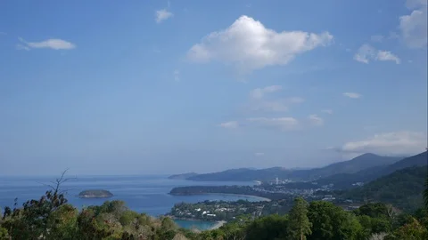 Timelapse moving cloud, leaves branch tree, panorama at Karon Viewpoint, Kata Video stock 128345501