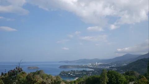 Timelapse moving cloud, leaves branch tree, panorama at Karon Viewpoint, Kata Stock Footage 128348133