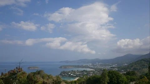 Timelapse moving cloud, leaves branch tree,sailing boat, panorama at Karon Vi Stock Footage 128351522