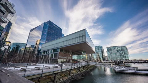 Timelapse of moving clouds during evening sunset over the ICA in Boston Stock Footage 302415559
