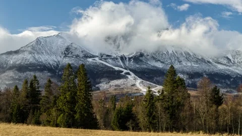 Timelapse of moving clouds over Lomnicky peak in High Tatras mountains, Slovakia Video stock 132349342