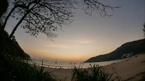 Timelapse moving sea wave hitting sand coast, yacht boat parking in ocean,bea Stock Footage 128068768