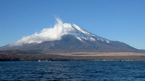 Timelapse, Mt. Fuji and clouds in winter, Lake Yamanakako, Yamanashi, Japan Stock Footage 101671386