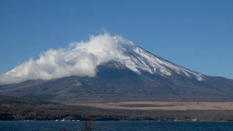 Timelapse, Mt. Fuji and clouds in winter, Lake Yamanakako, Yamanashi, Japan Stock Footage 101671387